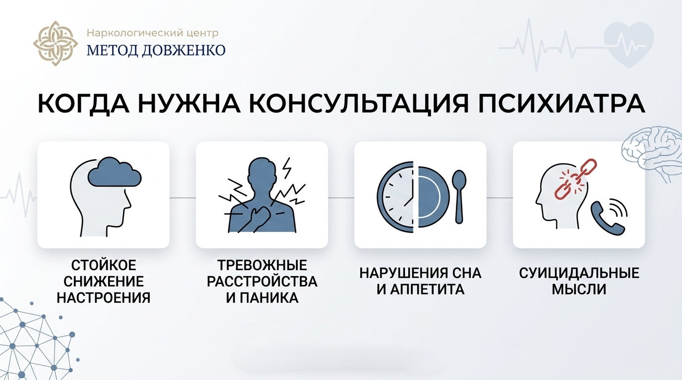 Инфографика с четырьмя симптомами, при которых нужна консультация психиатра: настроение, паника, сон, суицидальные мысли.